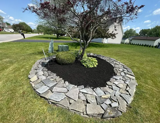 Flagstone edged tree bed filled with black mulch