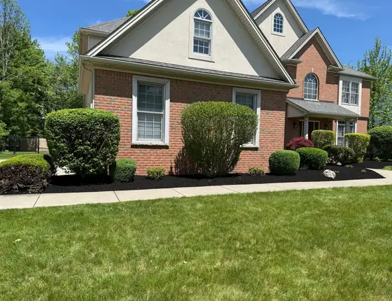 Long mulch bed along the front of a two story brick home