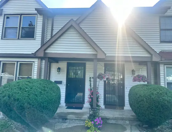 Trimmed rounded shrubs at the entry of a townhome