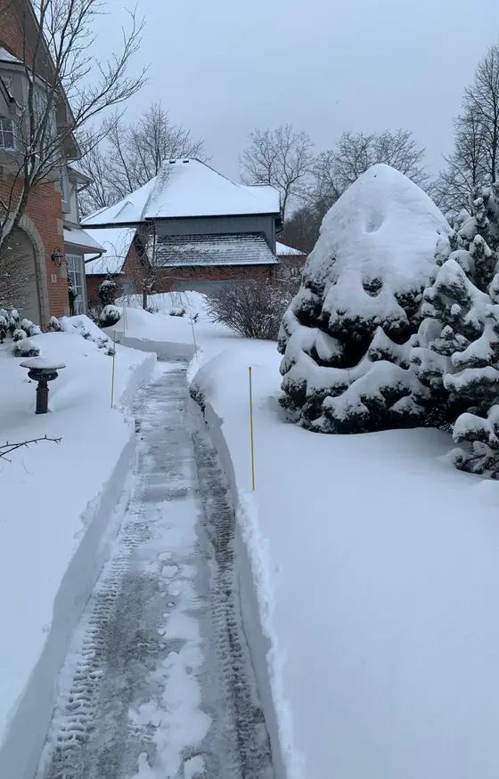 Walkway cleared through deep snow banks