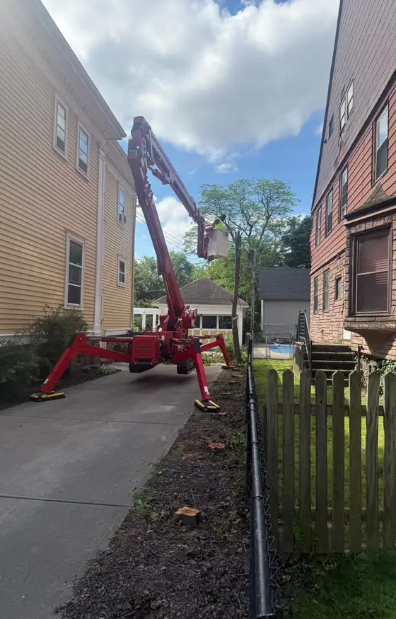 Spider lift working in a narrow side yard between two homes